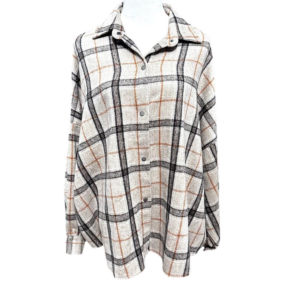 E;Ann Design By Korea Brown Plaid Flannel Shirt Jacket Snaps Long Sleeve